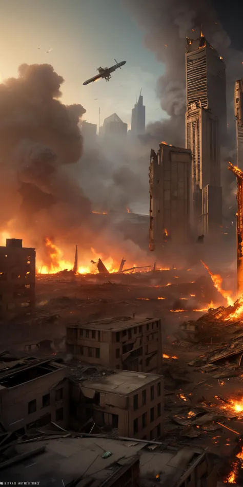 a picture taken from a video game shows a city destroyed by fire