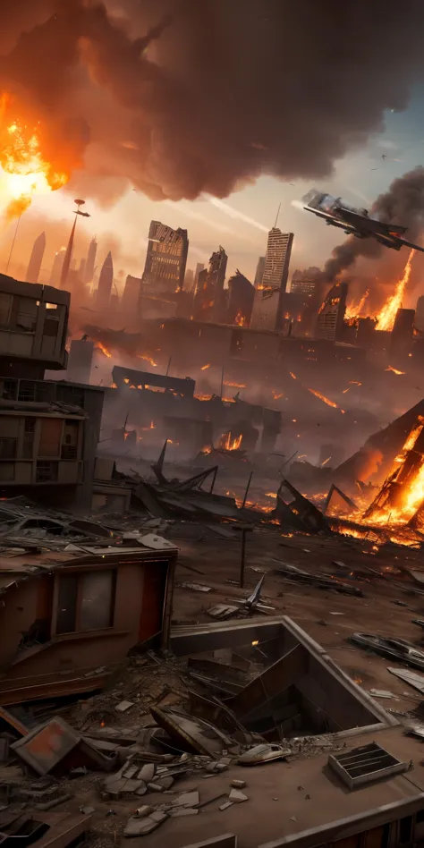 a ruined futuristic metropolis with collapsed buildings and fires while enemy bombers fly overhead, realistic, 4k, chaotic, apocalyptic