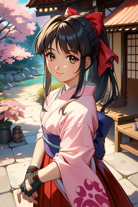 score_9, score_8_up, score_7_up, very aesthetic, source_anime, detailed, high quality, beautiful, masterpiece, detailed eyes,
japanese village, japanese house, sakura tree,
<lora:lightXL:0.8>
dynamic angle, cowboy shot, upper body,
light smile, from above, looking up, looking at viewer,
<lora:sakuraS_autismConfetti_v01:0.95>
sakurabase, black hair, hair ribbon, red bow, brown hair, sidelocks, bangs,  ponytail
 japanese clothes, red hakama, pink kimono, meiji schoolgirl uniform, purple sash, fingerless gloves, green obijime,, zPDXL