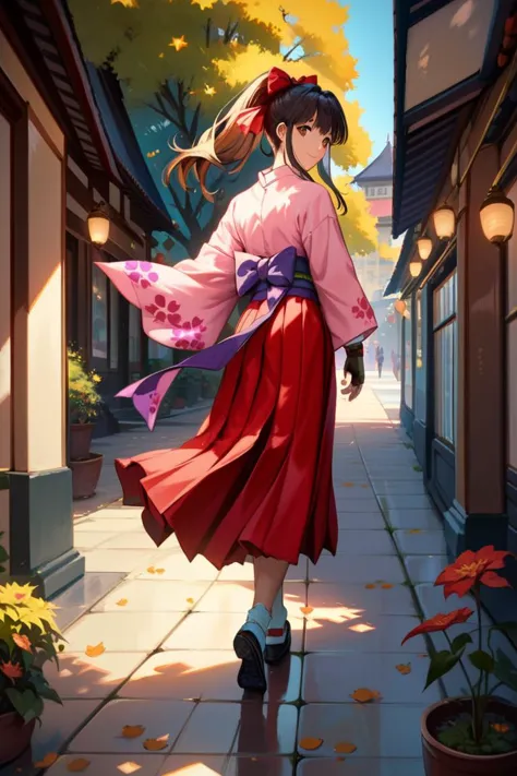 a woman in a kimono walking down a street with a cat