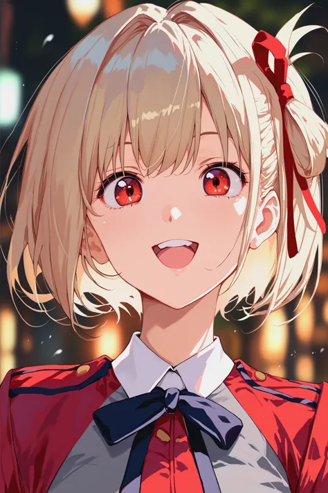 anime girl with blonde hair and red eyes in a red jacket