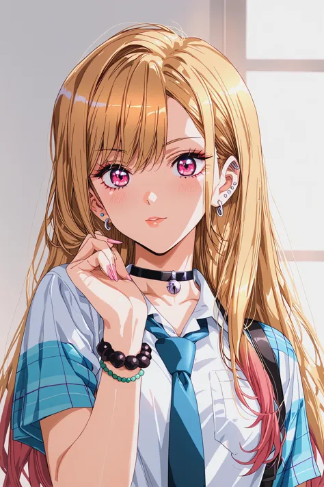 score_9, score_8_up, score_7_up,  hand up,
1girl, tKitagawaMarin, multicolored hair, blonde hair, long hair, magenta eyes, ear piercing, earrings, pink nails, makeup, MarinSchool, bead bracelet, black choker, neck bell, white shirt, short sleeves, blue necktie, plaid skirt, 
upper body, close up,
simple background, 
<lora:SonoBisqueDoll_KitagawaMarinXL:0.8>,   <lora:Urushihara Satoshi_XL_PONY_V2:0.7> ,  <lora:Nagaredamaya_BANG-YOUs_Assorted_Doujin_Artstyle_Blend_PonyXL:0.4>,   <lora:DefaultZ17:0.2>,  <lora:gg3:0.6>,  <lora:pixivtext2:0.5>