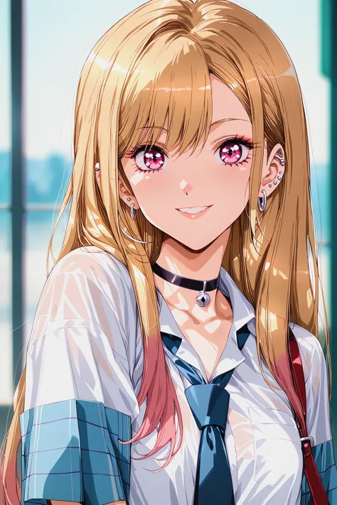 anime girl with long blonde hair and blue shirt and tie