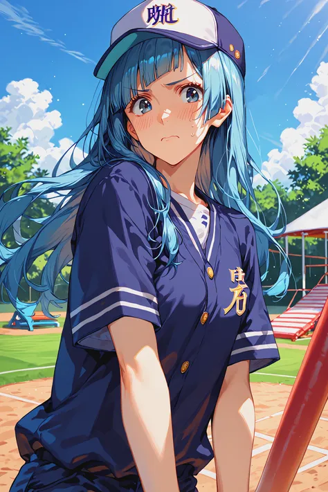 anime girl with blue hair holding a baseball bat on a baseball field