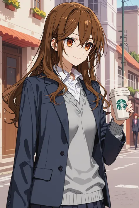 anime girl with long brown hair holding a cup of coffee