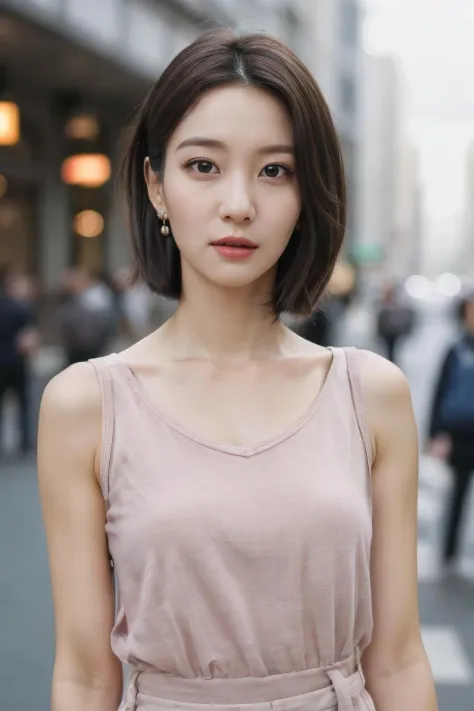 a woman, (realistic), (hyperrealism), (photorealistic), depth of field, eye makeup:0.5, (upper body:1.2), (narrow waist:0.7), looking at the viewer, casual outfit, at the city streets, <lora:httpbinnie:0.45>