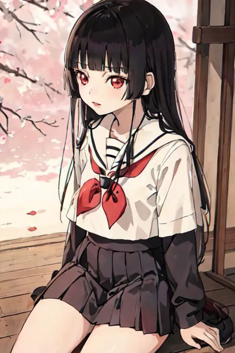 anime girl sitting on the floor with a cherry blossom in the background