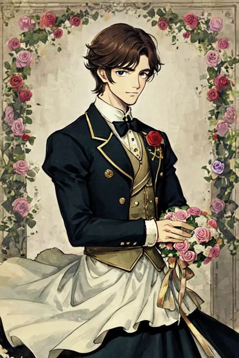 A dashing Prince holding a bouquet of roses