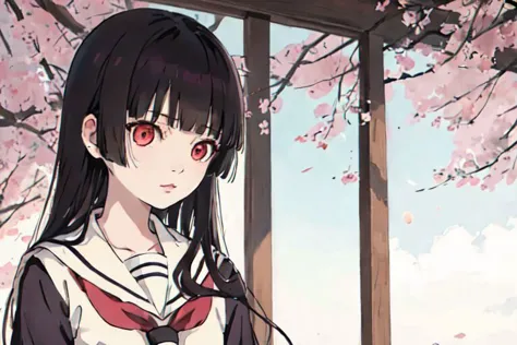 anime girl with red eyes standing under a cherry tree