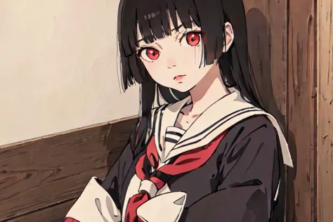 anime girl with long black hair and red eyes sitting on a bench