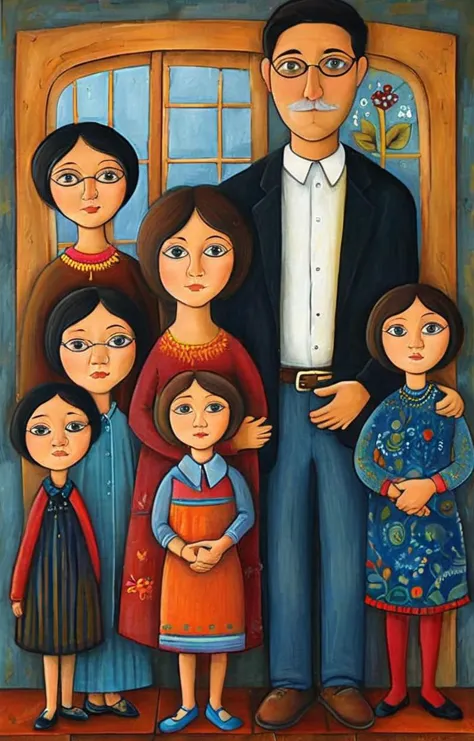 painting of a family portrait with a man and woman and children