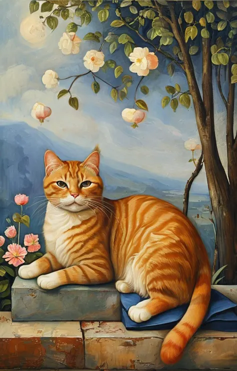 painting of a cat sitting on a ledge with flowers and a tree