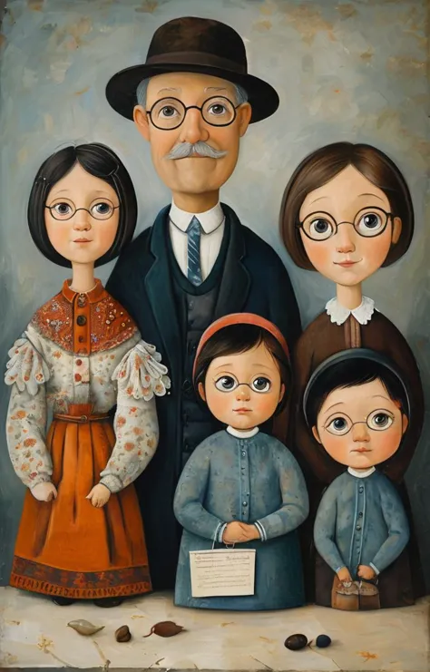 a painting of a family with a child and two adults