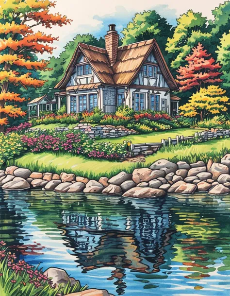 a painting of a house on a hill with a pond