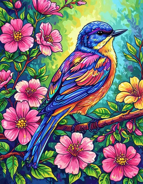 a colorful bird sitting on a branch of a tree with flowers