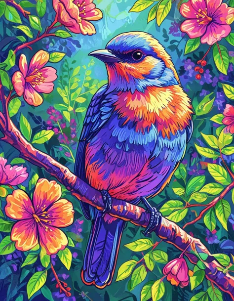 a painting of a colorful bird sitting on a branch of a tree