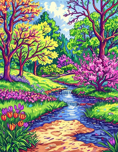 a painting of a stream in a park with flowers and trees