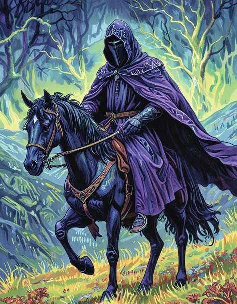 arafed image of a man in a purple cloak riding a horse