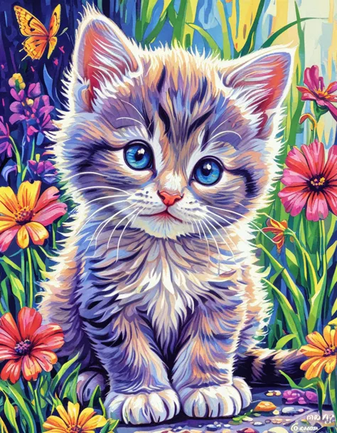 a painting of a kitten sitting in a garden with flowers