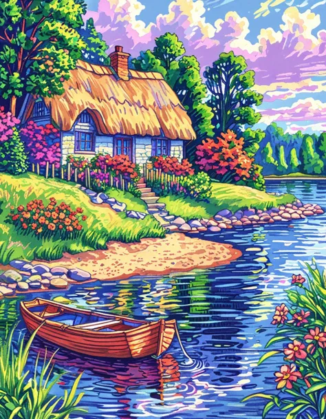 a painting of a boat on a river near a cottage