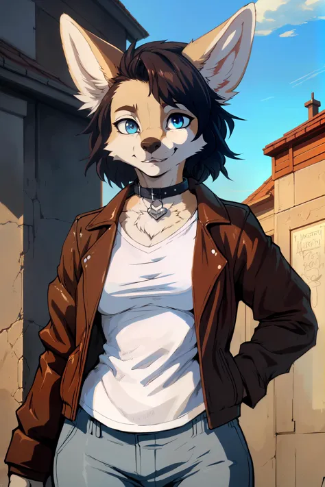 A beautiful female fennec, snout, aged brown leather jacket, canvas pants, white undershirt, black collar, sly, awesome pose, detailed face, detailed eyes, gorgeous, short (wavy) hair
Stylized anime screencap, masterpiece, best quality, absurdres, solo, by sligarthetiger, by meesh, by avante92, by ashblueflames, by djpuppeh, by personalami, by kenket, by desubox, by gideon, by taran fiddler, by chunie