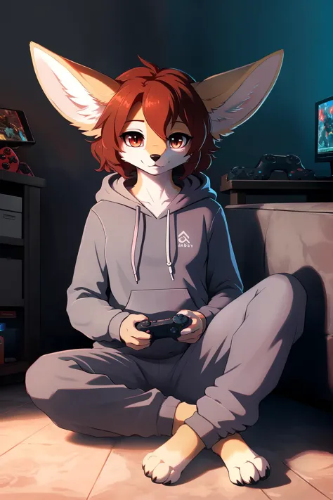 beautiful, furry, mature, female, fennec, auburn wavy hair, hoodie, sitting crosslegged, videogames, sweatpants, soft lighting, ...