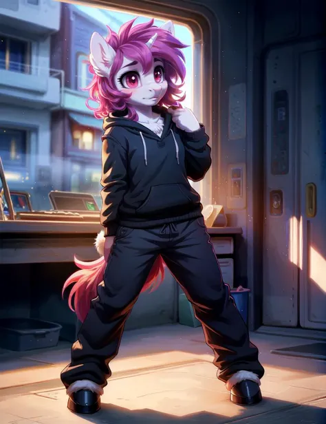 anime girl with pink hair and black tracksuit standing in front of a window