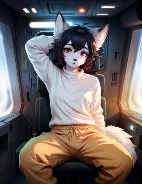 (short wavy hair, woman, remarkably detailed  red eyes, detailed face), baggy pants, pose, Lonely,
Space Opera style, Anime artwork by White Fox, masterpiece, best quality, absurdres, color graded, soft warm lighting, subsurface scattering, face focus