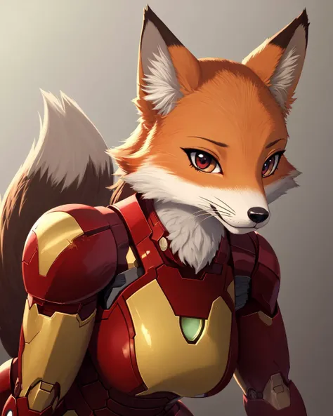 a close up of a fox dressed in iron suit with a helmet