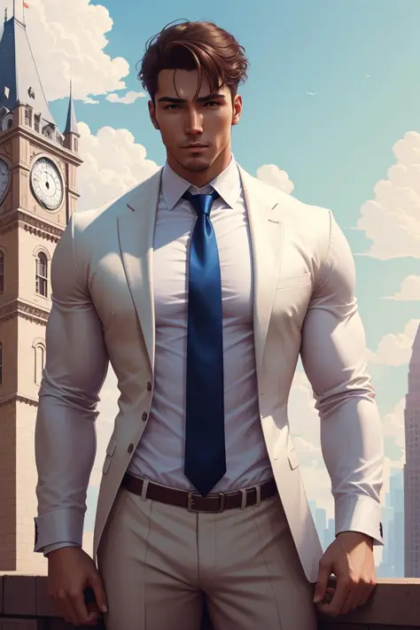 clock tower, a 30 y.o muscular male wearing long-sleeve white shirt and tie, (fancy suit:1.1), digital painting, detailed, sky, f/2.8, (ultra-detailed), (artstation:1.5), radiosity, High Detail, reflection, 
