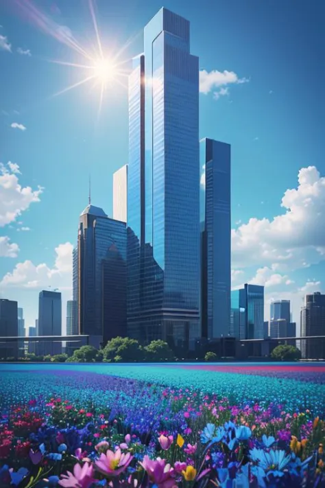 vibrant blue tinted colors, skyscraper, highly saturated colors, Fujifilm Fujichrome Provia 100F film, flower field, purity and ...
