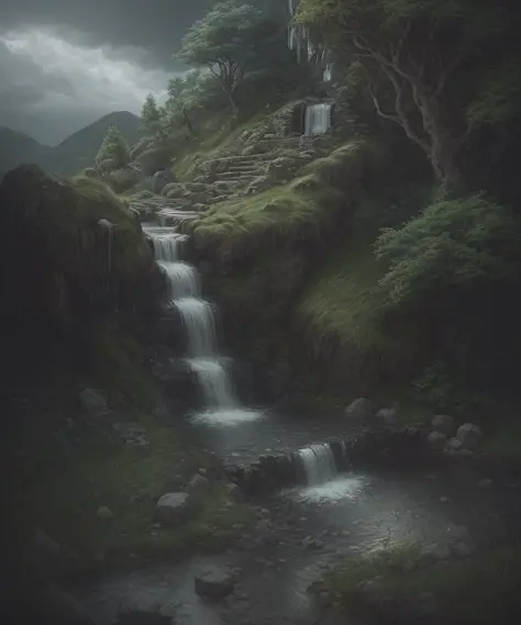 cloud, quiet, young girl, stone road and hill with a small waterfall on top, best quality, realistic human face, cinematic lighting, beautiful detailed intricate insanely detailed, full body, beautiful, 
