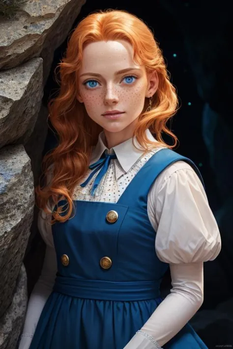 stars, standard, freckled face, automatic white balance, intersting lights and shadows, hyperdetailed, meditation, clamps, high quality photo, witches, (photorealistic:1.4), blue eyes, ((masterpiece)), pinafore dress, antagonist, road, rocks, ultra detaile...