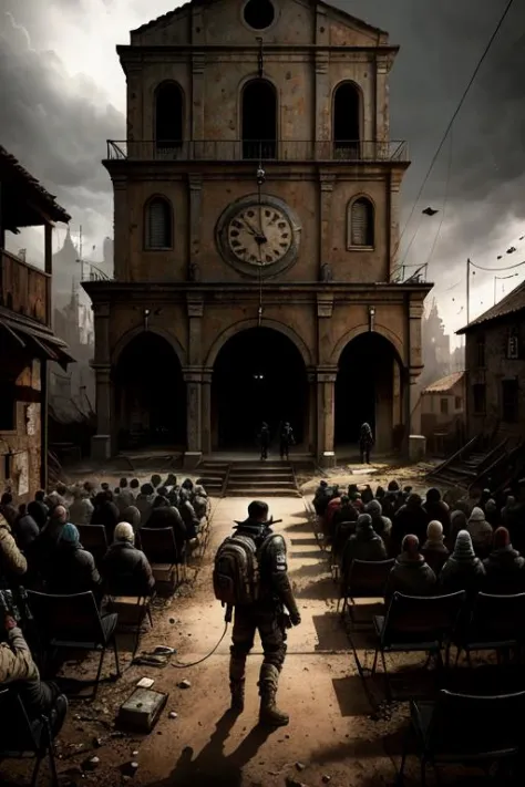 Amazing detailed photography of a perfect beautiful man post apocalyptic by Clint Langley, (great composition:1.0), crowd of dancing couples, church bell, no_humans, mid-range, trending on artstation, old man, atmosphere, ((medieval village setting):0.8),