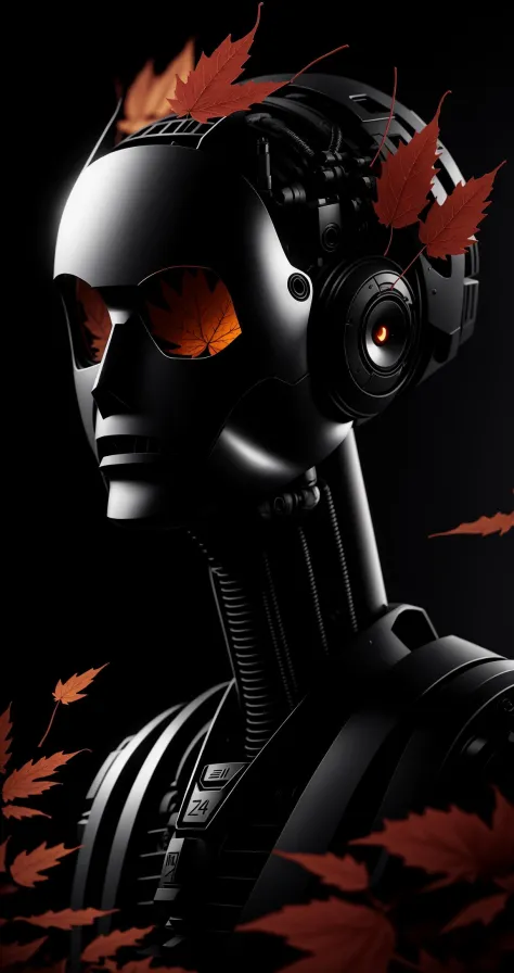 robotic parts, ((big head)), representational, H. R. Giger style, red leaves, unreal engine 4, depth of field