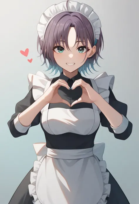 score_9,score_8_up,score_7_up,<lora:asakura_toru_pony:1>,1girl, asakura_toru, blue_hair, enmaided, gradient_hair, heart_hands, highres, juliet_sleeves, looking_at_viewer, maid_headdress, purple_hair, simple_background, smile, solo, two-tone_background, white_apron