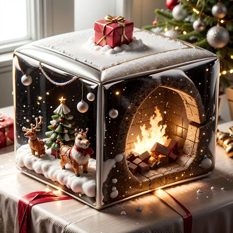 there is a small christmas fireplace with a christmas tree and presents