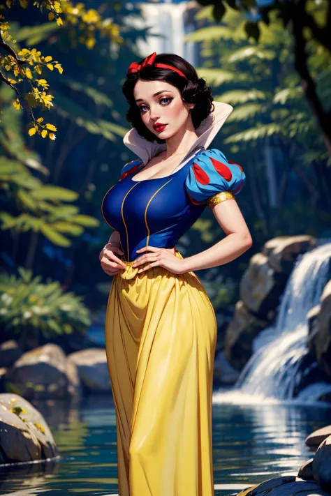 (ultra realistic,32k, masterpiece:1.2),(high detailed skin:1.1),( high quality:1.1),
<lora:Snow_White_Leaf5:0.8>1girl, solo, SnowWhite, short hair, black hair, smooth hair, bow, brown eyes, lipstick, red lipstick, pale skin, yellow dress skirt, long skirt, blue bodice,  short sleeves, hair bow, hairband, puffy sleeves, puffy short sleeves, enchanted cascade, cascading magic, ethereal waters, enchanting waterfall blurry background,,(looking at viewer, standing, from below:1.1),, (huge breast,large breast:1.1),<lora:add_detail:0.84>,
(bioluminiscent:1.1),