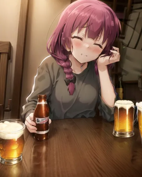 anime girl sitting at a table with a beer and a glass