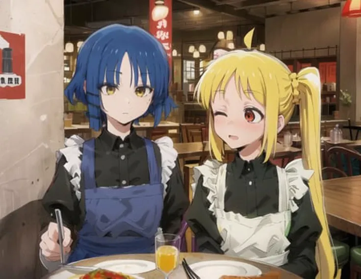 anime characters sitting at a table with plates of food and drinks