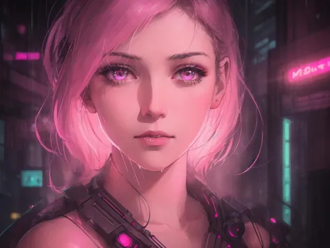 cyber girl with pink hair and purple eyes in a city