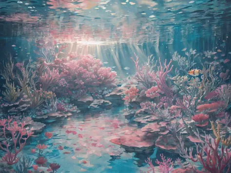 painting of a coral reef with sunbeams and fish