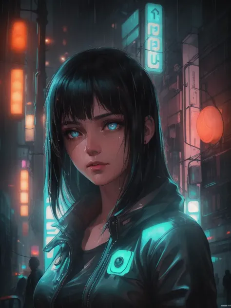 rainy night in a cyberpunk city with glowing neon lights, woman, beautiful face, face-centered, centered, masterpiece, best quality, solo focus, depth of field, ambient lighting, atmospheric, intricate details, soft light, artstation, close up, upper body