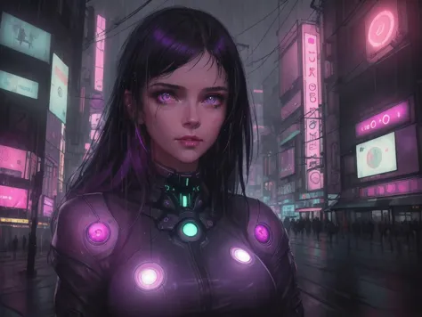 rainy night in a cyberpunk city with glowing neon lights, woman, beautiful face, face-centered, centered, masterpiece, best quality, solo focus, depth of field, ambient lighting, atmospheric, intricate details, soft light, artstation, close up, upper body, purple theme