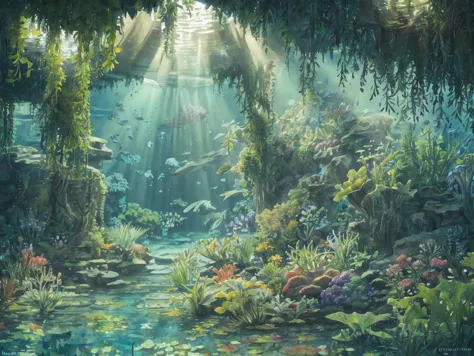 a painting of a river with lots of water and plants