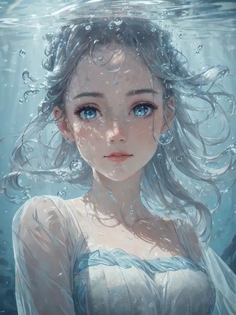 a woman with blue eyes is in the water with a white dress