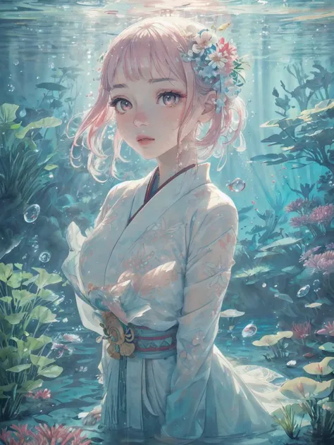 a girl in a white dress is standing in the water