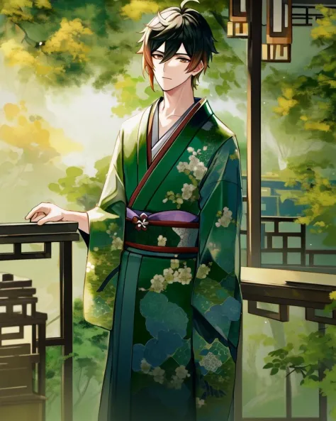 adult male, zhongli \(genshin impact\),( in a green kimono:1.3), standing in a teahouse, best quality, masterpiece, soft lighting, sharp focus, highly detailed