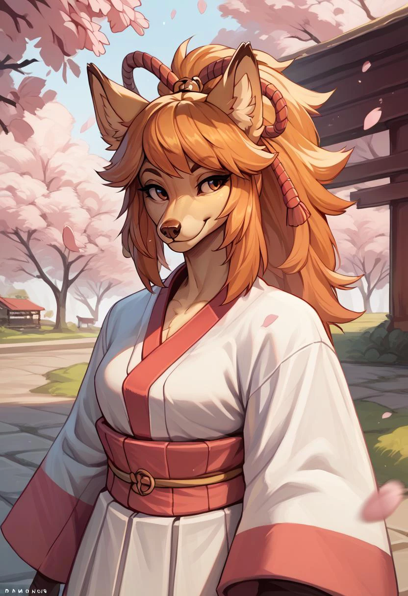score_9, score_8_up, score_7_up, score_6_up, score_5_up, score_4_up, rating_safe, source_furry,
(ceroba), fox ears, female, solo, kimono, japanese clothes, boots,
smile,
upper body shot, (outdoors, cherry blossom), 