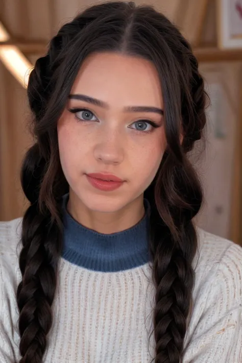 front view selfie of lydiaviolet, portrait photography, a close up RAW format high quality photograph, double plait hair, wearing sweater, Fujifilm X-E4, Fuji 75mm f1.2 lens, <lora:lydiaviolet:1>